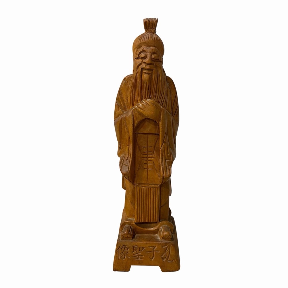 Vintage Chinese Carved Wood Confucius Sculpture 12" Inch Tall Intricate